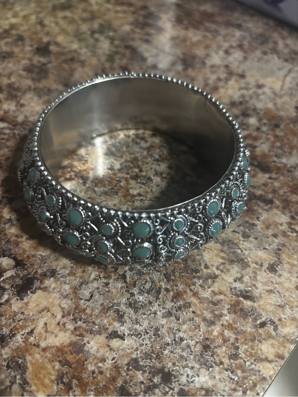 Silver Filigree Bangle with Turquoise Accents - Women Jewelry